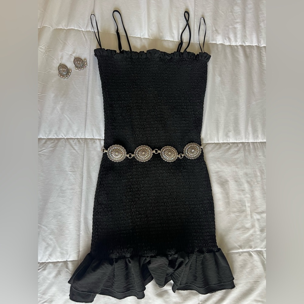Stunning Black Mini Dress + Silver Concho Belt + Earrings Set